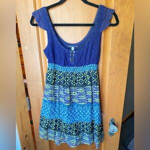 Free People Silk/Cotton Blue & Green Dress with Crochet Detail Size 4